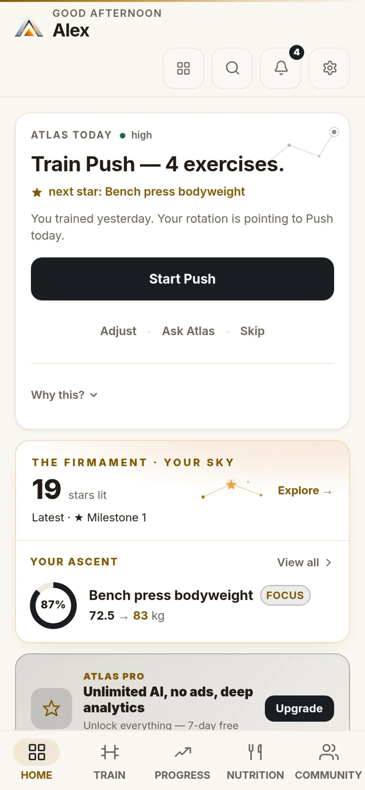 The Atlas home screen showing today's recommended session, the Firmament of achievements, level progress and nutrition at a glance