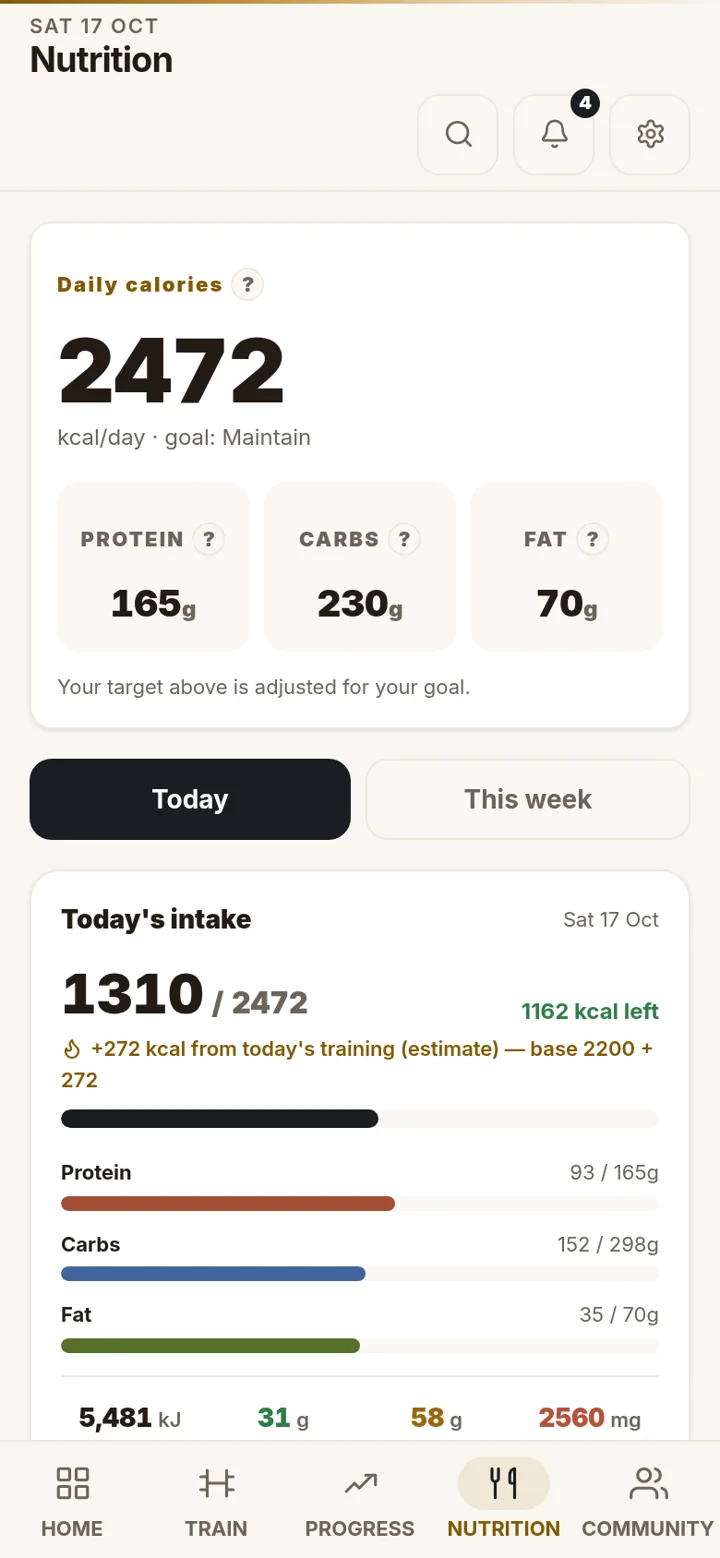 The Atlas nutrition screen showing the daily calorie target with protein, carbs and fat, adjusted for training